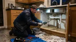 Emergency plumber in Dunstable fixing a leaking pipe under a kitchen sink at night