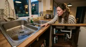 A concerned woman looking down at a kitchen sink full of dirty, standing water while opening the under-sink cabinet to check the plumbing pipes.