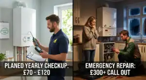 Side-by-side comparison of routine boiler servicing and an emergency boiler repair in a Dunstable home.